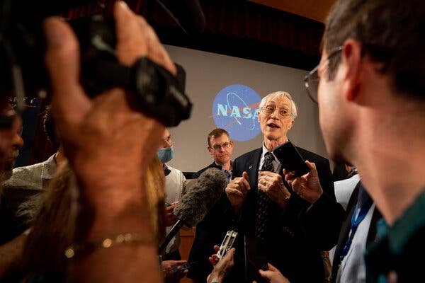 John Mather, the senior project scientist on Webb and a Nobel Prize laureate for his work on the Big Bang, speaking to reporters at the Goddard Space Flight Center in Greenbelt, Md., on Tuesday.